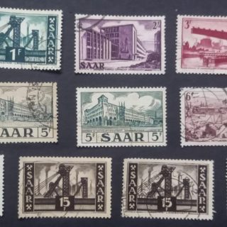 MAS 242 Saar 1952 55 series. Sc 232 - 244. Set of 10 stamps from the series.